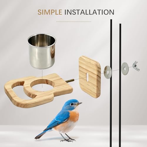 Bird Feeding Cup with Platform, Hanging Stainless Steel Parrot Feeding Bowl, Wooden Perch Stand, Bird Cage Food and Water Feeder for Parakeets, Cockatiels and Lovebirds