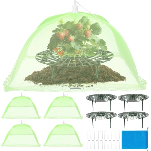 4 Sets Strawberry Plant Support with Mesh Plant Cover,Strawberry Growing Racks Sets with Iron Plant Nails and Storage Bag for Garden Strawberry Vegetables(Green Net - Round) - color: Green Net - Round