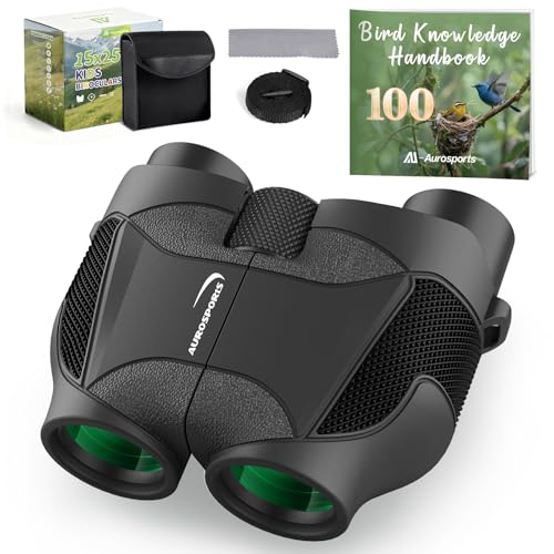 Aurosports 15x25 Compact Binoculars for Kids with Bird Guide Book, Black | Lightweight Easy Focus with Carrying Case & Strap; Durable Fully Coated; Birdwatching Cruise Travel Gift for 8-12 Boys Girls - color: Black