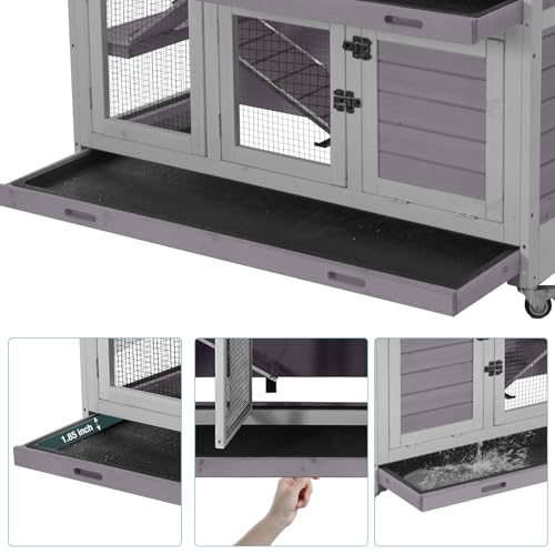 2-Tier Indoor Rabbit Hutch Bunny House Guinea Pig Cage with Sliding Plastic Trays, Wheels & Ramp, 47.2" Multi-Door Wooden Small Animal Cage for Rabbits, Bunnies, and Guinea Pigs (Grey) - color: Grey