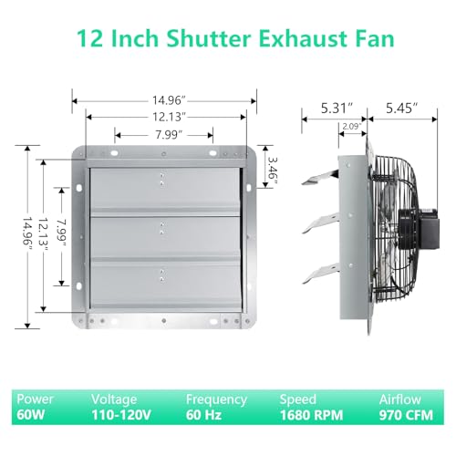 Shutter Exhaust Fan,12 inch Louvered Exhaust Fan with ON/OFF Switch,1680 RPM,970 CFM Attic Vent Fan for Greenhouse, Barn, Garage, Shed,Chicken Coops Ventilation Fans - color: With ON/OFF Power Cord, size: 12inch