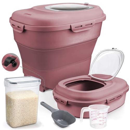 Rice Storage Bin Cereal Containers, 13-50lb Collapsible Rice Container Dispenser with Transparent Lid, Rolling Wheels, Measuring Cup and Scoop, Airtight Dog Cat Pet Food Storage Container Pink - color: Pink