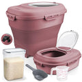 Rice Storage Bin Cereal Containers, 13-50lb Collapsible Rice Container Dispenser with Transparent Lid, Rolling Wheels, Measuring Cup and Scoop, Airtight Dog Cat Pet Food Storage Container Pink - color: Pink