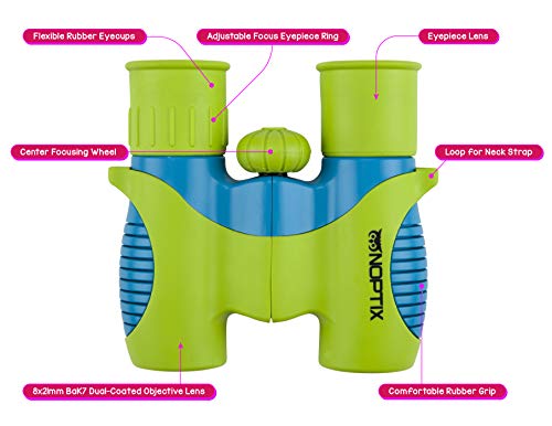 Binoculars for Kids, Girls or Boys Real Kids Binoculars in Vibrant Green Blue - Includes Sticker Book with 40 Bird Species - Small Toys for Toddlers - color: Green Blue