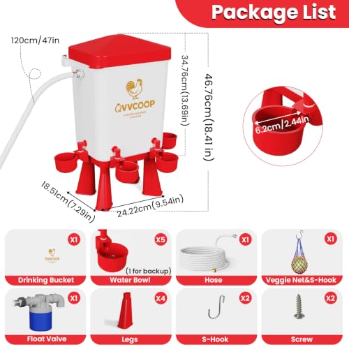 Automatic Chicken Waterer with Float Valve, Elevated Water Dispenser for Chicken, Float Controlled Poultry Watering Supplies, Standing/Hang Use, 3 Gallon, Red - color: Red