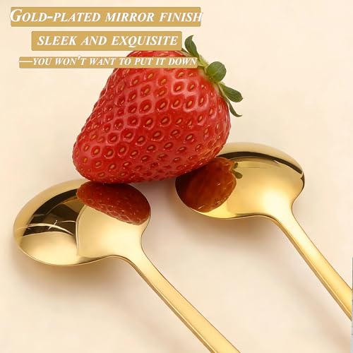 Long-handled Mirror-Finish Small Round Stainless Steel Spoon, Suitable for Scooping Bird's Nest, Honey, Coffee, Milk Powder, Sugar, Cocoa Powder and Other Foods & Desserts (4pcs 5.1", Gold-Plated) - size: 5.1in, style: 4Pcs Gold-Plated
