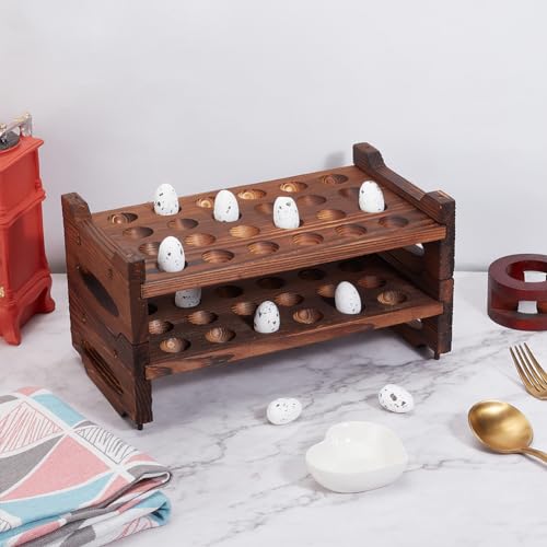 BENECREAT 48 Slot 2 Tier Stackable Wooden Quail Egg Holder Rack, Rustic Brown Egg Organizer for Kitchen Storage Display