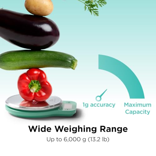 Kitchen Mama Q-Series Digital Food Scale, Teal | 13.2 lb / 6000g Capacity, 1g Precision, Tare Function, Stainless Steel Platform, LCD Display - color: Teal