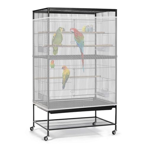 Bissap Bird Cage Seed Catcher, 90-118‘’ Universal Birdcage Net Nylon 31.8'' H Adjustable Elastic Band Stretchy Skirts Mesh Cover for Parrot Cage Seed Guard (Not Include Birdcage)- White - color: White