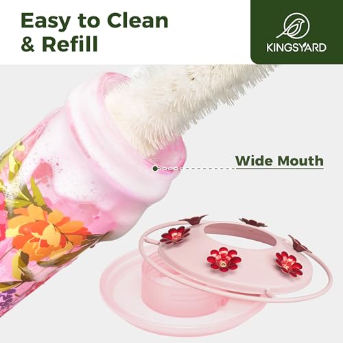 Kingsyard 2 Pack Hummingbird Feeders for Outdoor Hanging - Charming Patterned Glass Humming Bird Feeder with 6 Feeding Ports and Ant Moat, Ideal Gift Choice for Bird Lovers, Pink | Extra-Wide Mouth Bottle for Easy Cleaning, 6 Feeding Ports, Built-In Ant M