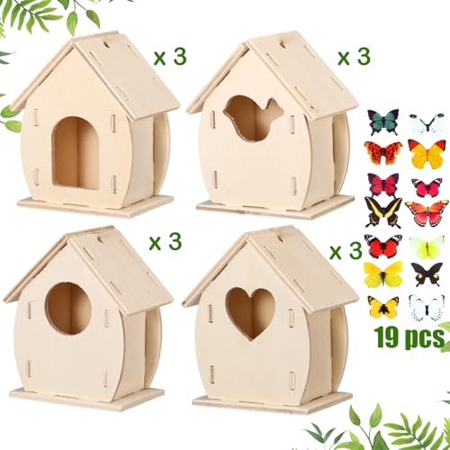 Outus 12 Pcs 5 × 7 Inch DIY Wooden Birdhouse Kit for Kids, Art Painting Bird House Craft Kit Unfinished Bird House Craft for Easter, Kids with Butterfly Sticker Gift 4 Shapes Summer Arts (Exquisite) - style: Exquisite