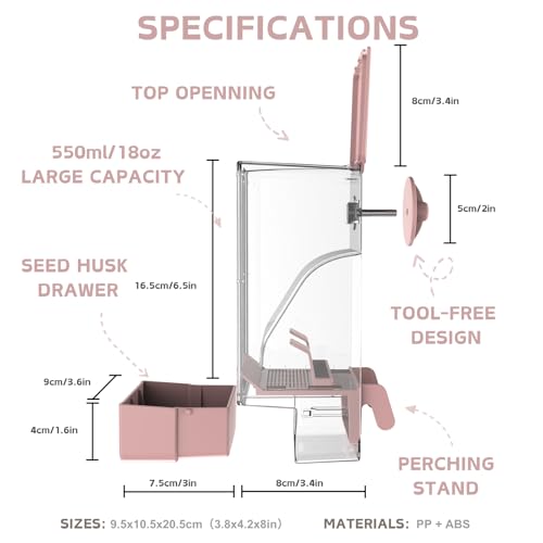 Automatic Bird Feeder, Bird Cage Feeder with Perch for Parakeet Canary Cockatiel Finch (Pink) - color: Pink
