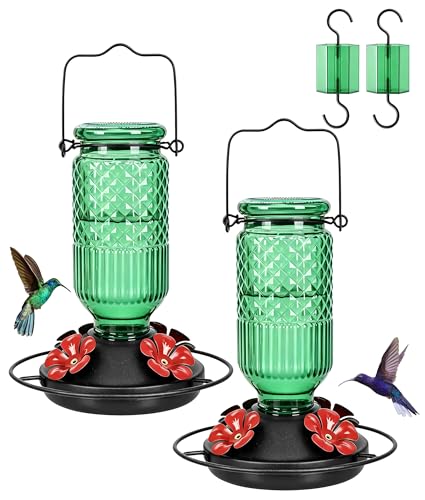 Glass Hummingbird Feeder 2 Pack, 16oz Leak-Proof with Ant Moat & Bee Guards, Easy Clean Wide Mouth, Metal Perches, Green Outdoor Hanging - color: Green