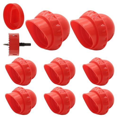 Chicken Feeder No Waste 8 Ports DIY Automatic Poultry Feeder with 8 Covers and 1 Hole Saw,Rainproof Rat-Proof Gravity Chicken Feeder Kit for Buckets,Bins,Barrels,Troughs - color: Red