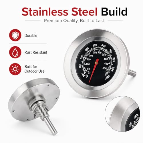 2 Pack 3 Inch Dial BBQ Grill Thermometer, M10 Thread Stainless Steel Temp Gauge -100°F to 1000°F(50°C-500°C), Lid Mount Temperature Indicator for Charcoal Smoker, Barbecue Pit & Outdoor Cooking Grills