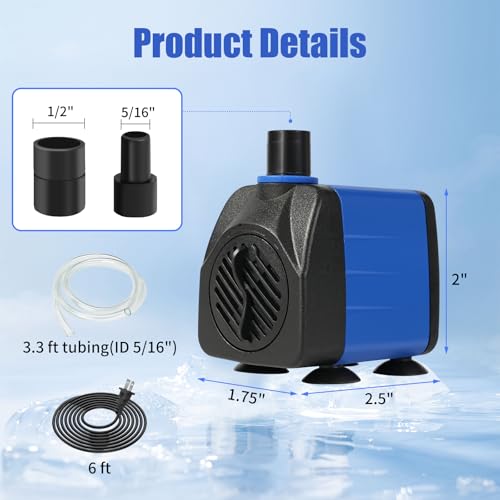 AQUANEAT Small Fountain Pump, 160 GPH Mini Submersible Water Pump with 3.3 ft Tubing, for Aquarium Fish Tank, Pet Water Fountain, Hydroponics, Pond Waterfall Filter Pump - size: 160 GPH