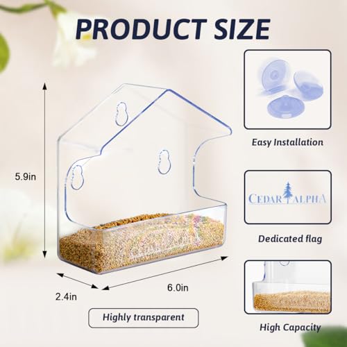 2Pk Window Bird Feeder for Outside, Window Birdfeeder with Strong Suction Cups, Bird Feeders for Viewing (Clear) Acrylic - High Transparency, Multifunction for All Kinds Seeds, Robust 1/8“ Thick