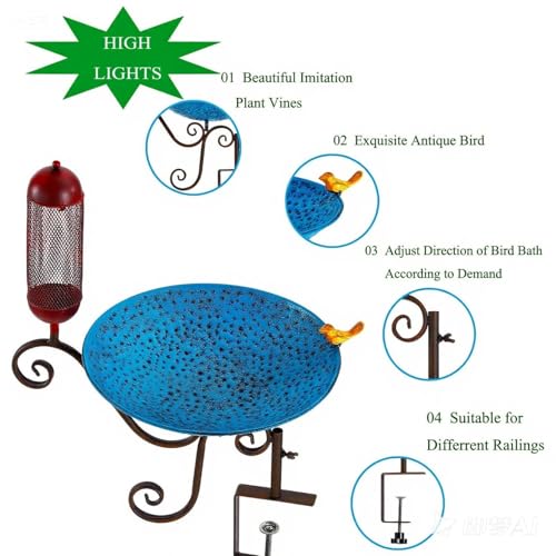 Metal Deck Mounted Bird Bath, 12" Beck Railing, Balcony Bird Bath for Outdoor, Garden, Patio, Antique Blue Green