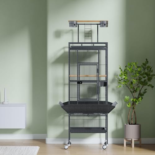 61" Large Bird Cage, Metal Parrot Cage with Play Top, Rolling Stand & Bowls - Bird Aviary for Parrots, Conures, Cockatiels, Parakeets, Indoor Outdoor Aviary for Outside Yard Garden Porch, Black/Silver