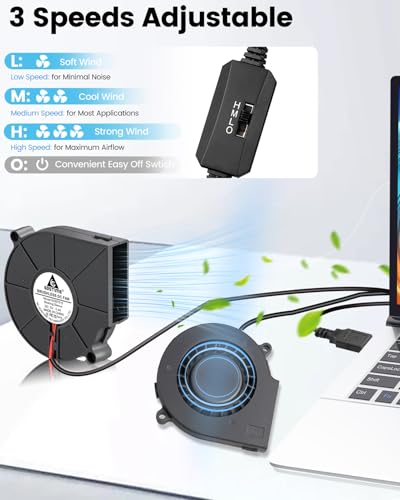 GDSTIME 75mm x 15mm 5V USB Blower Fan with 3 Speed Control, 2-Pack | 7515, Brushless DC 5 Volt Fans, Turbine Turbo Cooling Fan, for Helmet, Laptop, 3D Printer, Muti-speed Controller Included - size: 75x15mm
