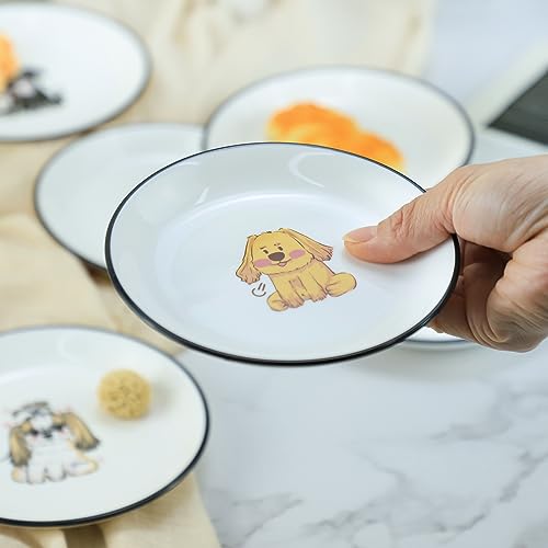 Funny Cartoon Cute Dogs Pattern Ceramic Sauce Dishes, Seasoning Dishes, Sushi Soy Dipping Bowls, Appetizer Plates, Dessert Plates, Little Cat Bird Feeding Bowls, Set of 6-Cute Dogs-5 Inch - color: Cute Dogs, size: 5 Inch