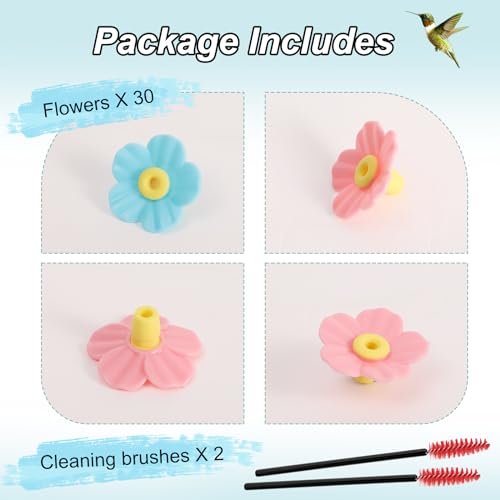30 Pieces Hummingbird Feeders Replacement Flowers, Feeding Ports Replacement Bird Feeder Replacement Parts for Hanging Feeding Hummingbird Outdoors(Pink,Blue,Red, Yellow, Orange) - color: Pink+Blue+Red+Yellow+Orange