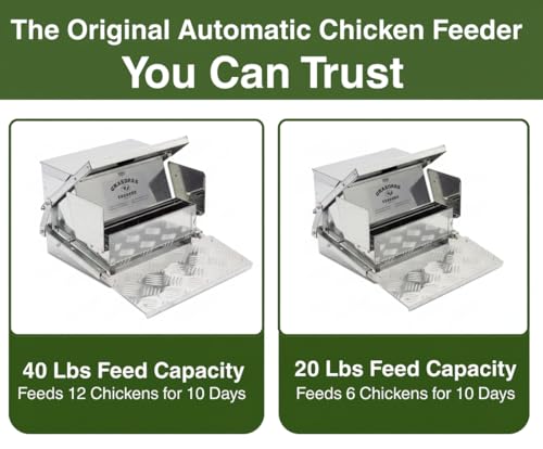 Grandpas Feeders Automatic Chicken Feeder - 40 lbs No Waste Poultry Feeder, Rat Proof & Rodent Proof Treadle Chicken Feeder, Galvanized Steel with Lid, Feeds 6-12 Chickens up to 10 Days - size: Large