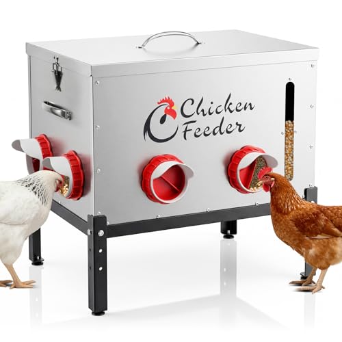 80LB Metal Chicken Feeder, Rat Proof Automatic Chicken Feeder with Visible Window & 8 Ports, Galvanized No Waste Poultry Feeder for Chickens, Ducks, Geese - size: 80 LBS