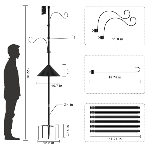 Bird Feeder Pole 118 Inch Outdoor Bird House Mount Kit | Easy bolt assembly without extra hardware,Squirrel Proof Baffle,Heavy duty sturdy metal structure - color: Black-U