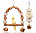 2 Pack Natural Bird Toys Set - Arch Wood Swing & Sola Ball Shreddable Toy - Foraging Hanging Perch with Pine Cones & Pumice Stone Beak Trimmer, Cage Accessories for Cockatiel, Conure, Parakeets - color: Wood A(Sola Ball Set)