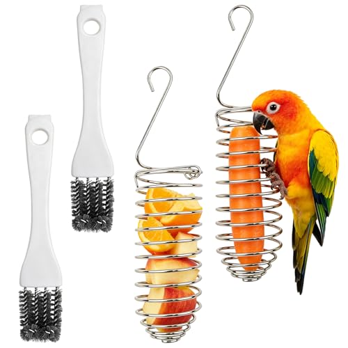 2 Pack Hanging Millet Holder for Bird Cage, Stainless Steel Parakeet Treat Spray Feeder with 2 Cleaning Tools, Bird Cage Fruit Vegetable Holder for Parrot Cockatiel Conure Parakeet African