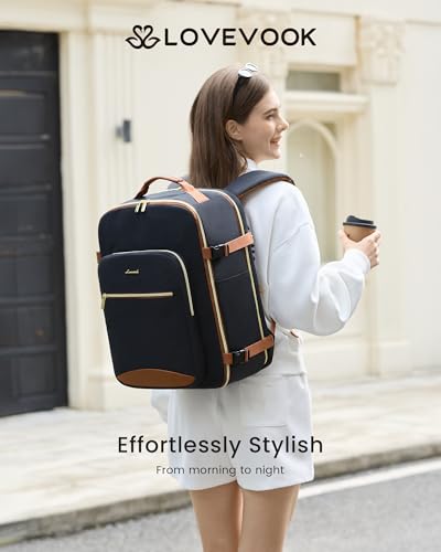 LOVEVOOK 56L Travel Backpack for Women & Men, Airline Approved Carry On Luggage with 3 Packing Cubes, TSA Overnight Bags, Waterproof Personal Item Bag, Weekender Essentials Backpacks fits 17" Laptop - color: 1 Black-brown, size: 56L-4Pcs