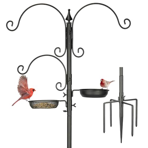 Kingsyard Bird Feeder Pole for Outdoors, 5-Prong Bird Feeding Station | 85-inch bird feeder pole with 3 adjustable hooks, seed tray and water bowl; tool-free setup with rust-resistant metal