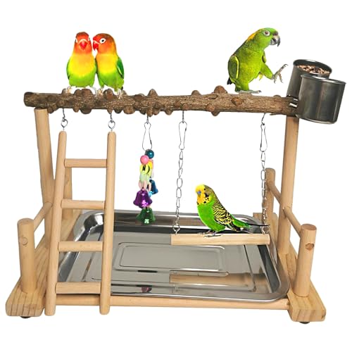 Hamiledyi Parrot Playground Bird Playstand Wood Exercise Play Perch Exercise Gym with Feeder Cups Toys Cockatiel with Ladder Hanging Swing for Pet Conure Lovebirds Life Activity Center Training Stand