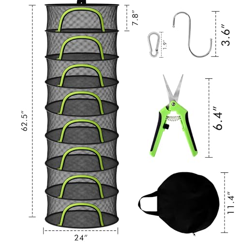 Herb Drying Rack Hanging Mesh 8 Layer 24" with Zipper, Garden Pruning Shear, Hook & Carabiner Clip for Drying Herbs, Plants, Seeds, Buds | Hydroponics & Grow Tents Herb Dryer Hanging Rack - style: 8 Layer 24"
