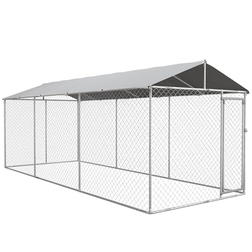 PawHut Outdoor Dog Kennel for Large Breeds 20' x 7.5' x 6.5' | Heavy Duty Dog Run Outdoor Fence, Waterproof Cover, Galvanized Chain Link, Secure Lock, for Chickens, Ducks - size: 236.2"L x 90.6"W x 78.7"H