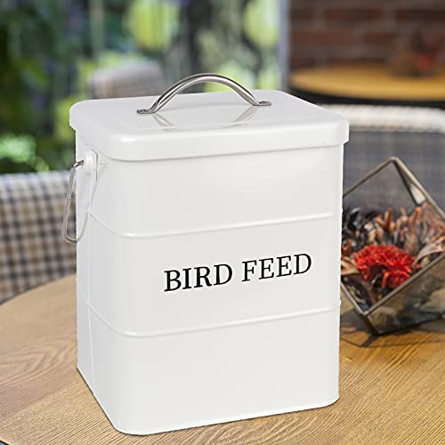 Pet Food Storage Tin with Lid, Metal Bird Seed and Feed Container with Serving Scoop, Treats Storage Canister Bin Can for Dogs, Cats Food, Coated Carbon Steel, Tight Fitting Lid, White, 5-6 Lbs
