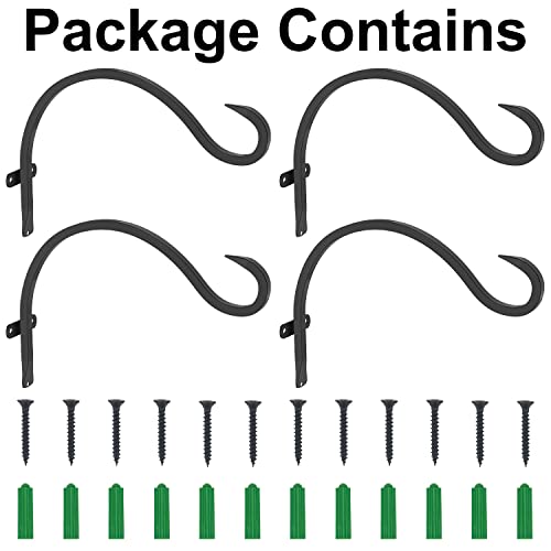 12 Inch Heavy Duty Plant Hanger Wall Hook 4 Pack - Black Iron Hanging Plant Bracket Holds 44 lbs - Rust Resistant Indoor Outdoor Hooks for Bird Feeders Lanterns Wind Chimes Hanging Baskets with Screws - size: 4 Pieces
