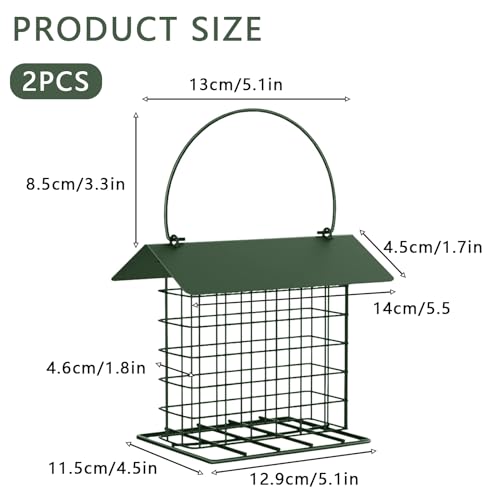 Suet Cake Bird Feeder Outdoor Hanging Metal Wire Wild Bird Feeder Fat Ball Food Feeder with Metal Roof and Platform Outside Cake Suet Feeder Rainproof(Green) - color: Green