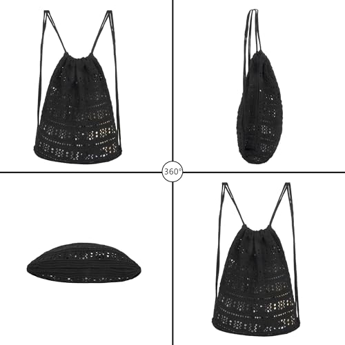 Lobagve Handmade Crochet Cotton Drawstring Backpack Boho Purse Leisure Daypack - color: Hollow Out-black