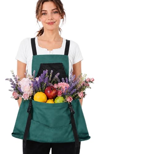 Garden Apron,Harvest Aprons with Drawstring Bag and Pockets for Women and Men,Canvas Fruit Picking Apron