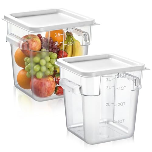 FoldTier 2 Pieces Square Food Storage Containers Polycarbonate Clear food Container with Lid Commercial Storage with Graduations for Commercial Kitchen Dough Marinating Meat(White,4 Qt) - color: White, size: 4 Qt