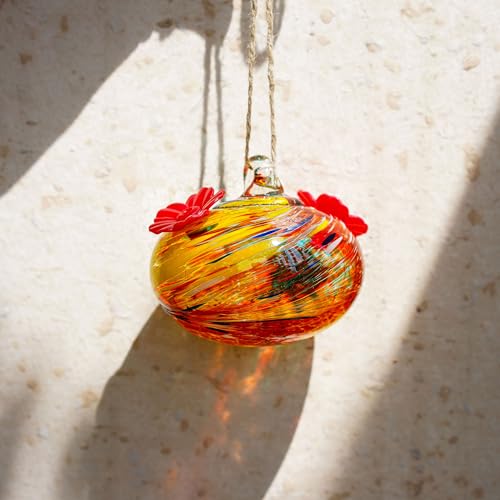 Exquisite Hand Blown Glass Hummingbird Feeders with 2 Feeding Ports for Outdoor, Leak Proof Design, Small Glass Hummingbird Feeders for Window Displays, Garden Beautification and Patio Decor - color: yellow