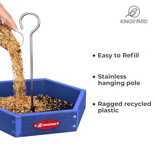Kingsyard Hanging Platform Bird Feeder for Outdoors, Deep Tray, Blue | Weather-Resistant Recycled Poly Lumber, Fast-Draining Metal Mesh Base, Easy to Clean, Holds Up to 3 lb of Seed - color: Blue