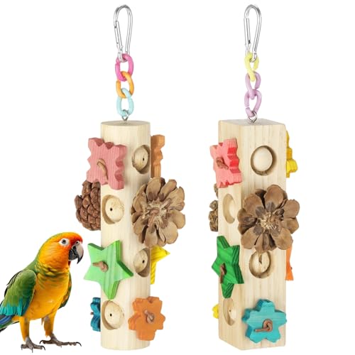 2 Pcs Bird Toys for Parrot, Hanging Parrot Toy with Pine Cones, Natural Wood Blocks Foraging Toys for Cockatiels Conures Budgies Parakeets, Cage Accessories