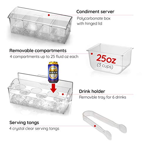 Pikanty Chilled Condiment Server Caddy with Ice Base - 4 Compartments and 4 Serving Tongs Included, Mimosa Bar, Taco Bar, Garnish Tray for Parties, Weddings, BBQs, Dishwasher Safe, Made in USA - style: Condiment Server Caddy on Ice