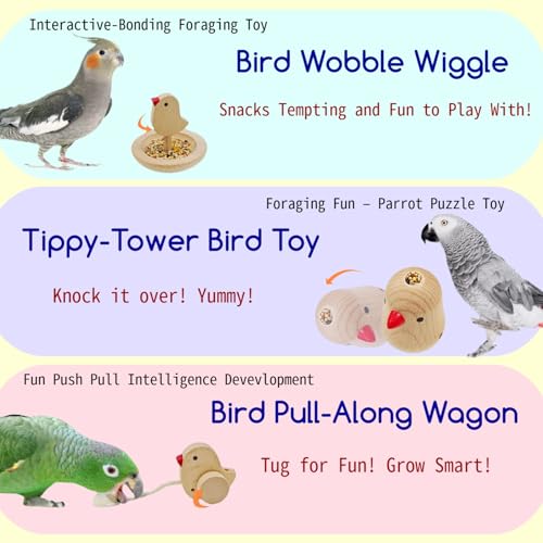 All-Natural Wood Parrot Foraging Toy Mental Stimulation Puzzle for Macaw, Cockatiel, Parakeet to Prevent Boredom Anxiety Interactive Bird Toy (Small, Bird Wobble Wiggle)