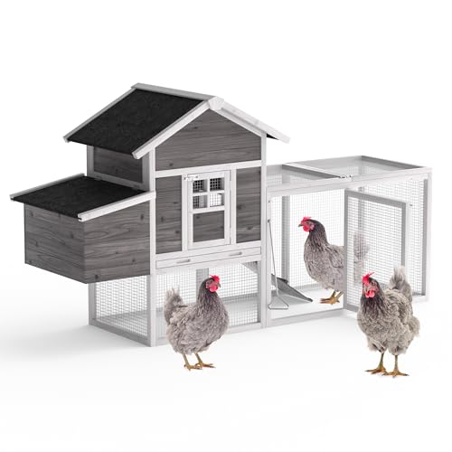 GOJOOASIS Chicken Coop for 2-4 Chickens Outdoor Wooden Hen House, Grey | Predator Proof Hen House with Nesting Box, Poultry Cage w/ Wire Fence, Ramp, Tray, Roosting Bar, 4 Access Areas - size: E