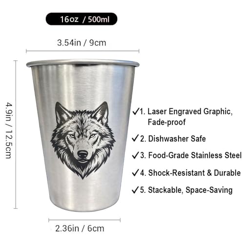 4 Pack 16oz Conical Stainless Steel Cups - Laser Engraved Animals, Stackable Durable Metal Cold Drink Cups for Parties & Outdoor Events (Bear/Lion/Tiger/Wolf) - color: Wild Animal 1