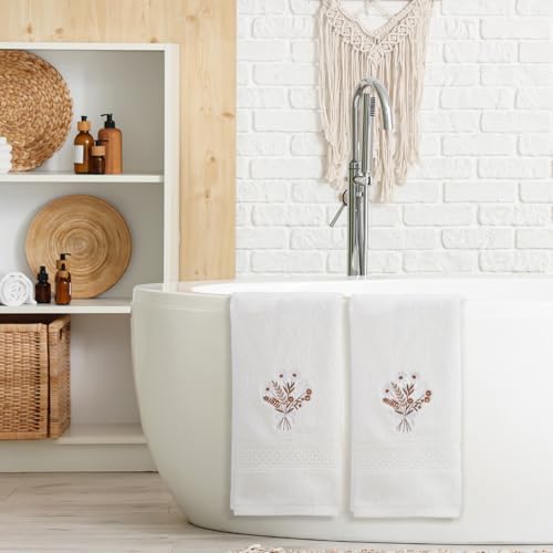SmoothNovelty 2 Pcs Boho Flower Hand Towels for Bathroom Decor 14x29 Inch | Embroidered Wildflowers Bathroom Hand Towels, 100% Cotton, Soft Absorbent, Beige Boho Bathroom Kitchen Decor - style: Bohemian